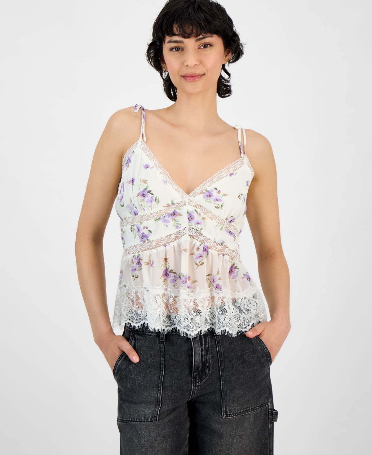And Now This Women's Lace-trim Floral Print Sleeveless Top, Exclusively At Macy's In Cream,purple Floral