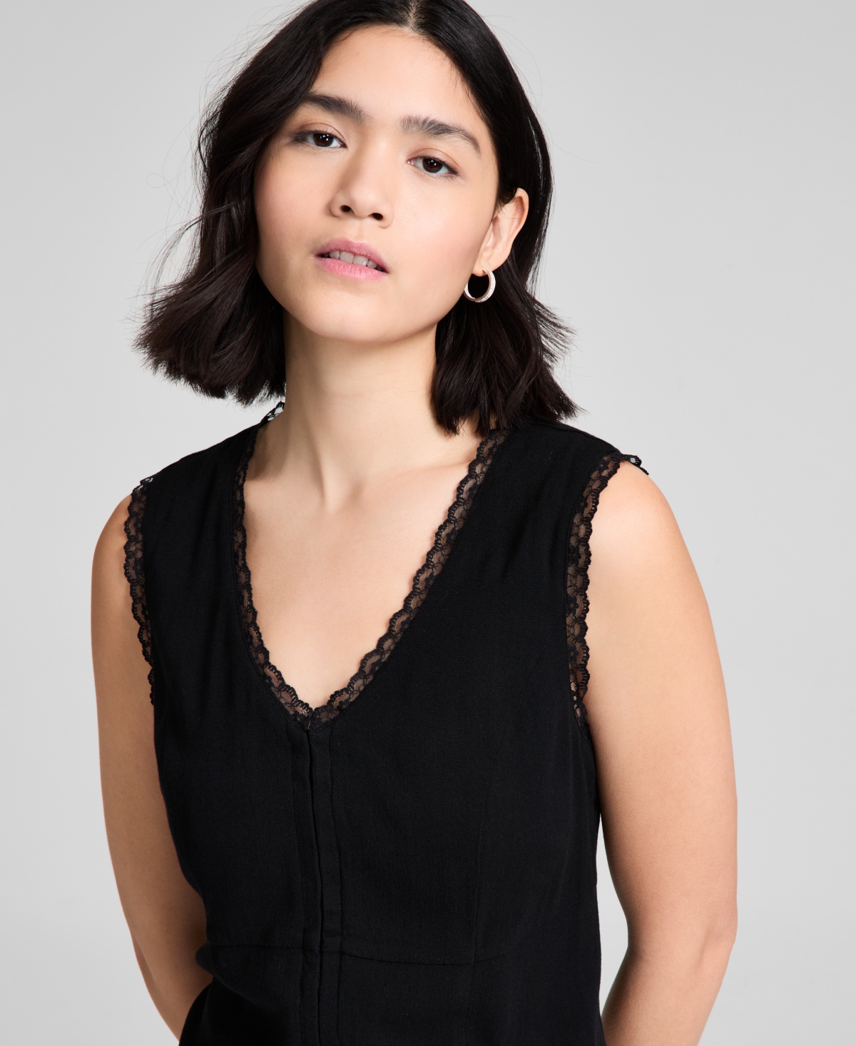 And Now This Women's Lace-trim V-neck Woven Vest, Regular & Petites, Exclusively At Macy's In Black