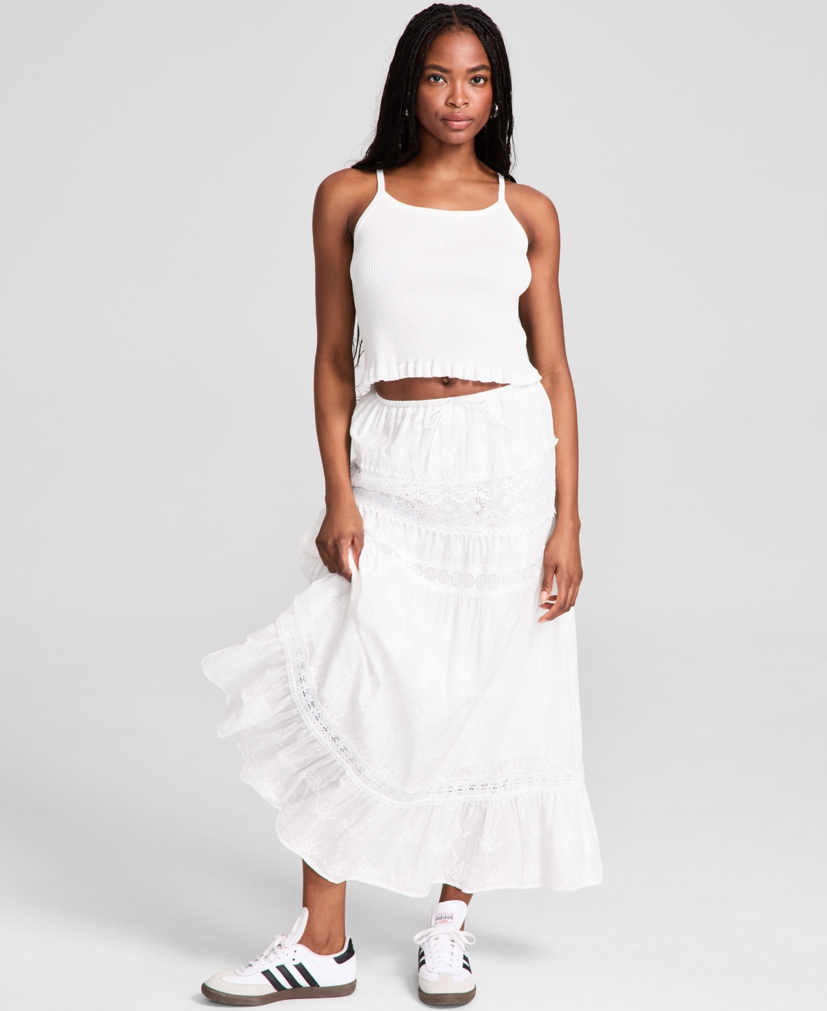 Women's Embroidered Cotton Lace-Trim Tiered Maxi Skirt, Exclusively at Macy's - White
