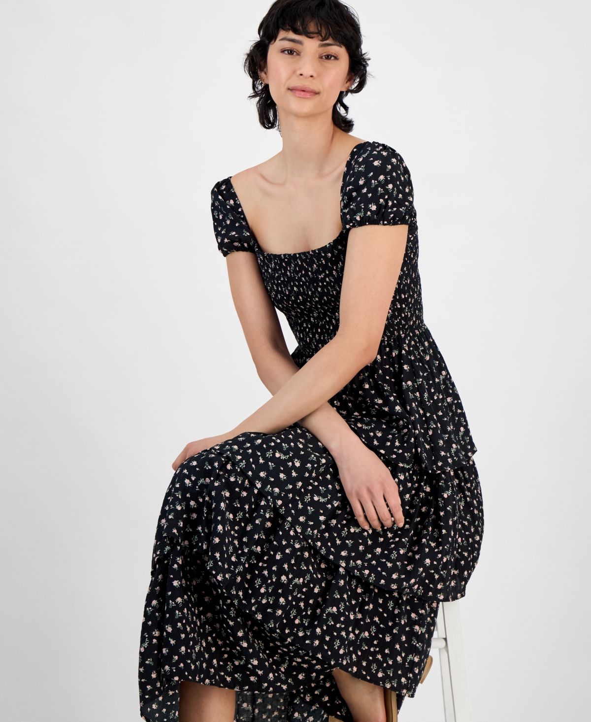 And Now This Trendy Plus Size Tiered Floral Maxi Dress, Exclusively At Macy's In Black,peach Floral