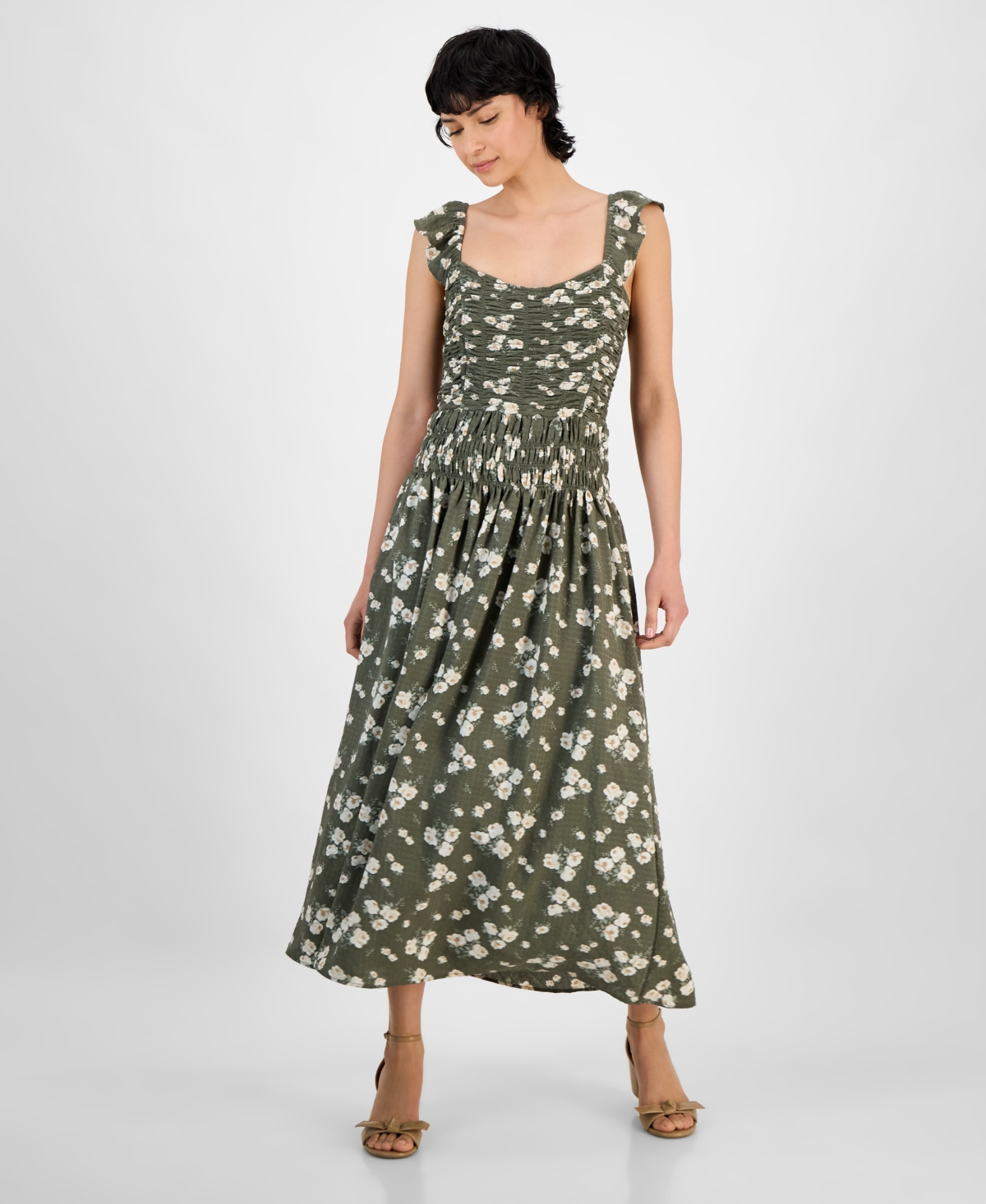 Women's Flutter-Sleeve Smocked Midi Dress, Exclusively at Macy's - White/blue Floral