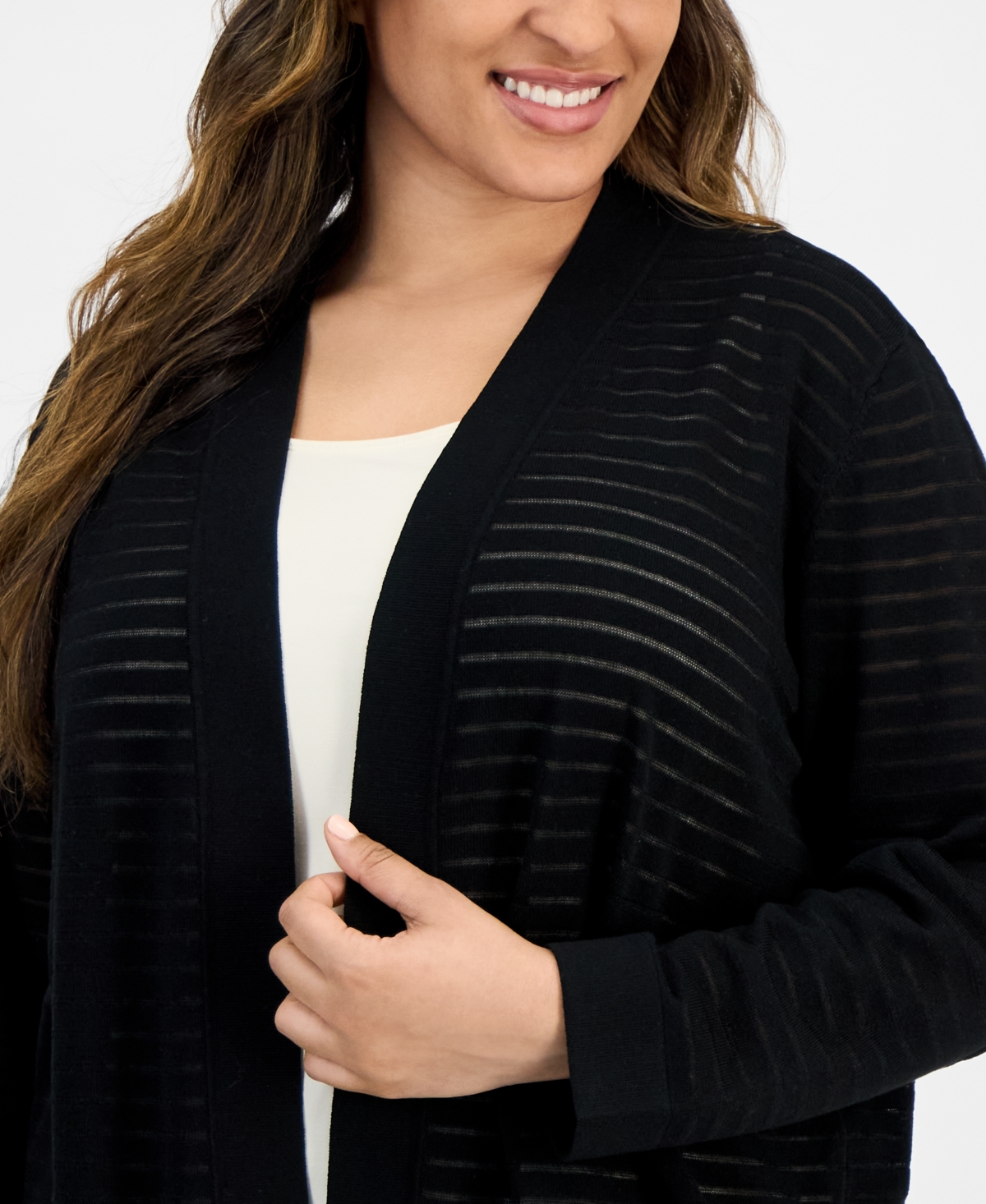 ANNE KLEIN PLUS SIZE SHADOW-STRIPED OPEN-FRONT CARDIGAN 