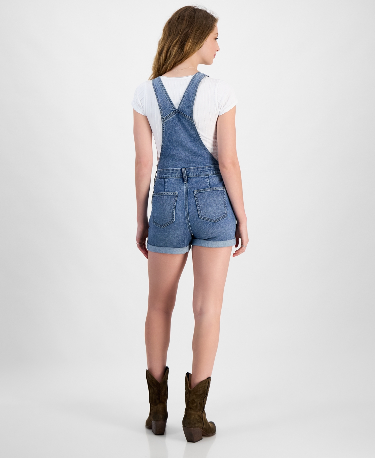 CELEBRITY PINK JUNIORS' ROLL-CUFF DENIM SHORT OVERALLS 