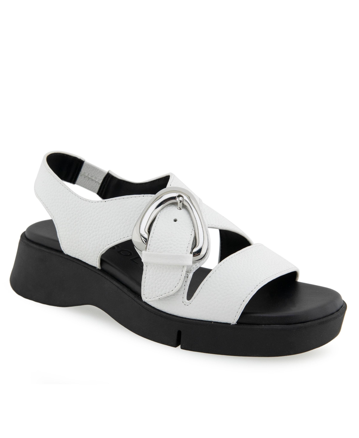 Shop Aerosoles Women's Fez Round Toe Flatform Sandals In Bright White Pebbled Leather