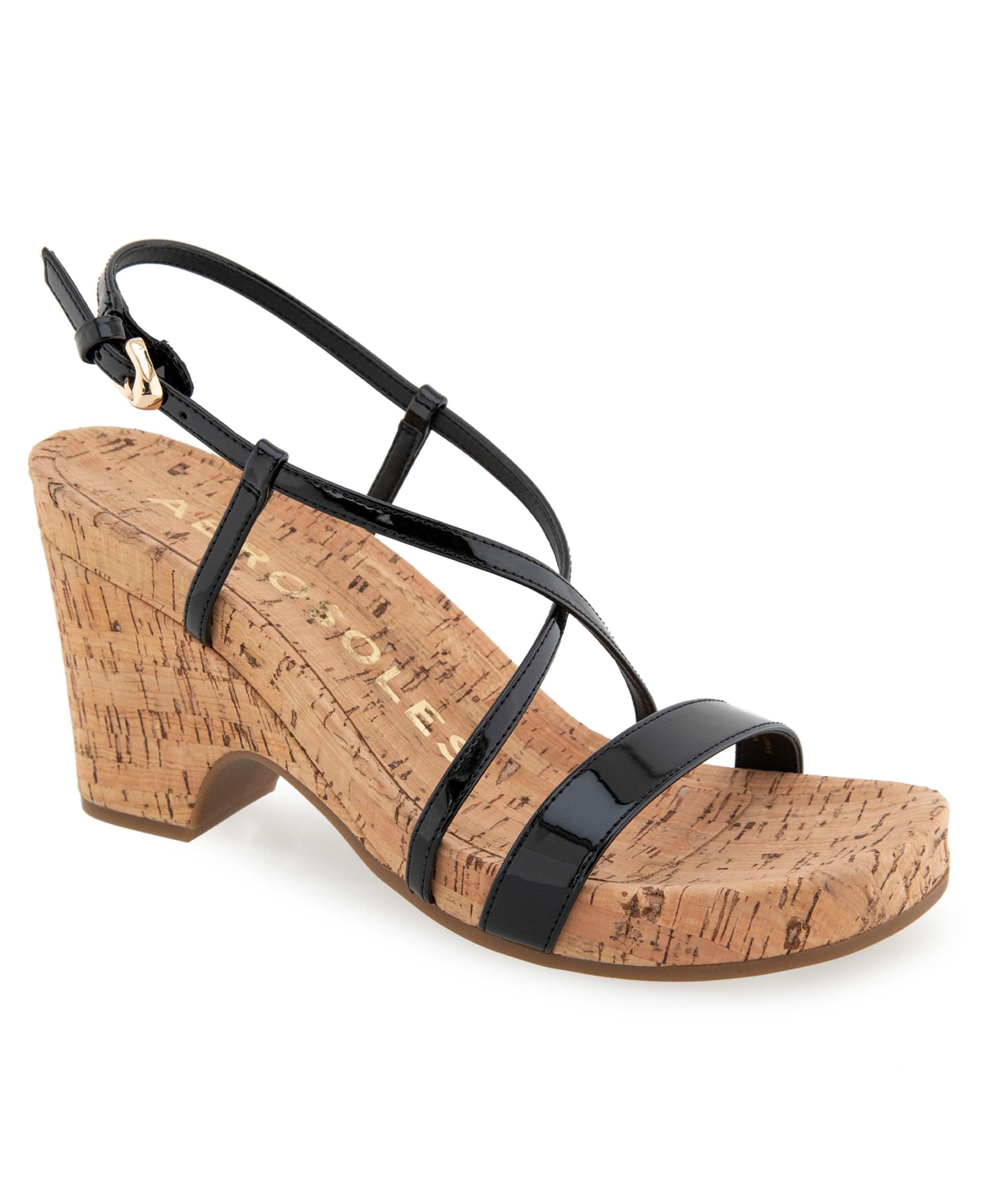 Shop Aerosoles Women's Miles Round Toe Wedge Sandals In Black Faux Leather,cork