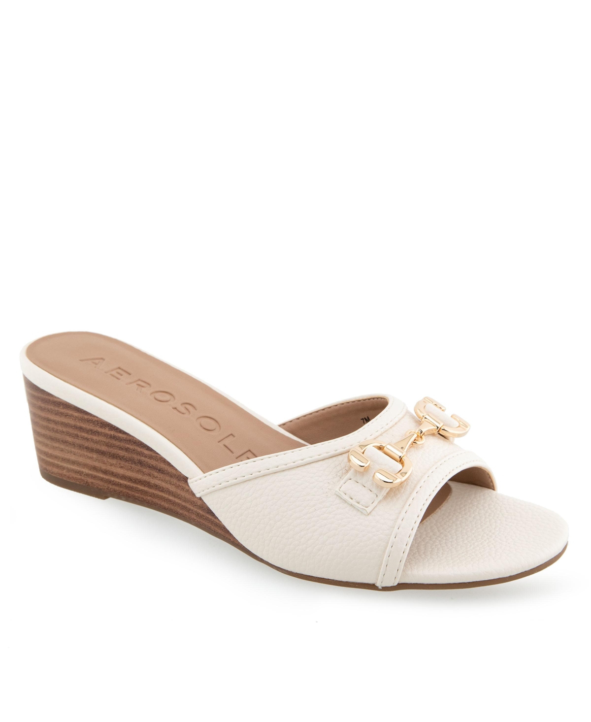 Shop Aerosoles Women's Wava Round Toe Wedge Sandals In Eggnog Pebbled Faux Leather