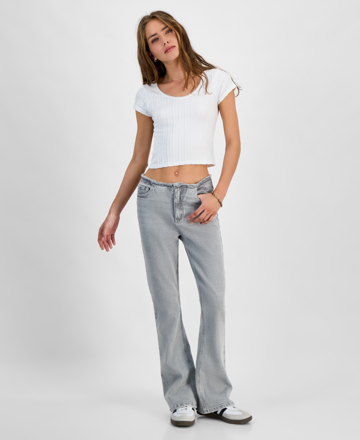 Juniors' Mid-Rise Raw-Waistband Flare-Leg Jeans - Corsica Wash