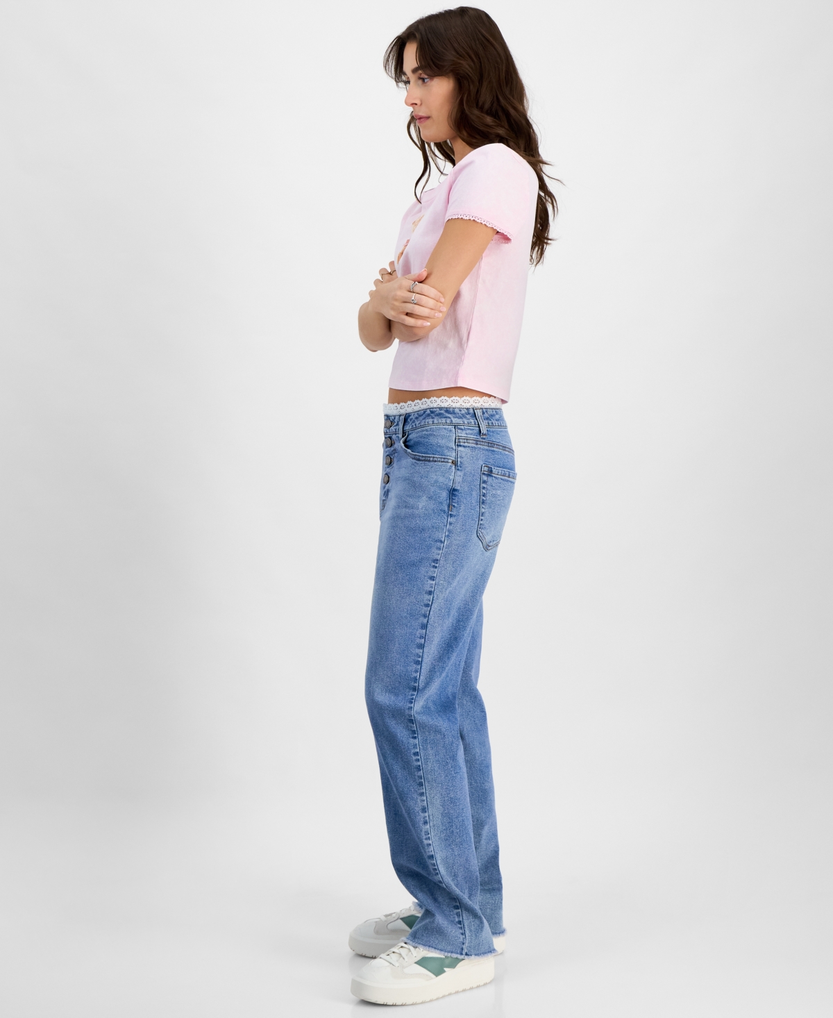 TINSELTOWN JUNIORS' HIGH-RISE LACE-TRIM BOYFRIEND JEANS 