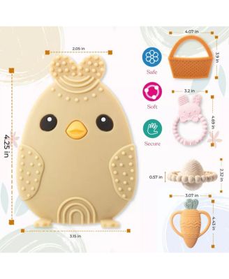 Toddler Easter Teether Set, Easter Bunny, Carrot, Chicken, Rattle Egg & Easter Basket Teething Toys Cute Easter Teethers Toys Gift Set