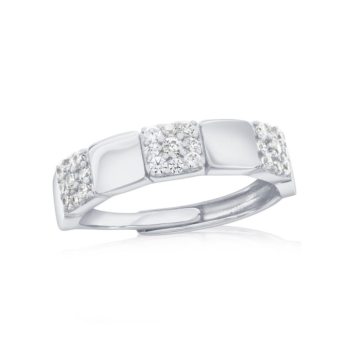 Sterling Silver, Square Polished & Pave Cz Half Eternity Ring - Silver