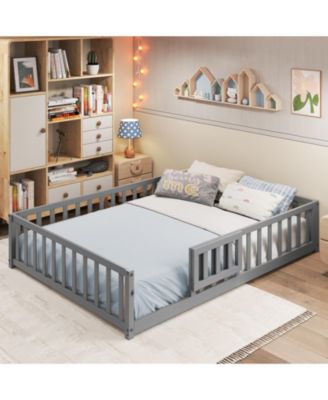 Montessori Bed Frame with Full-length Guardrails Safety Door and Latch