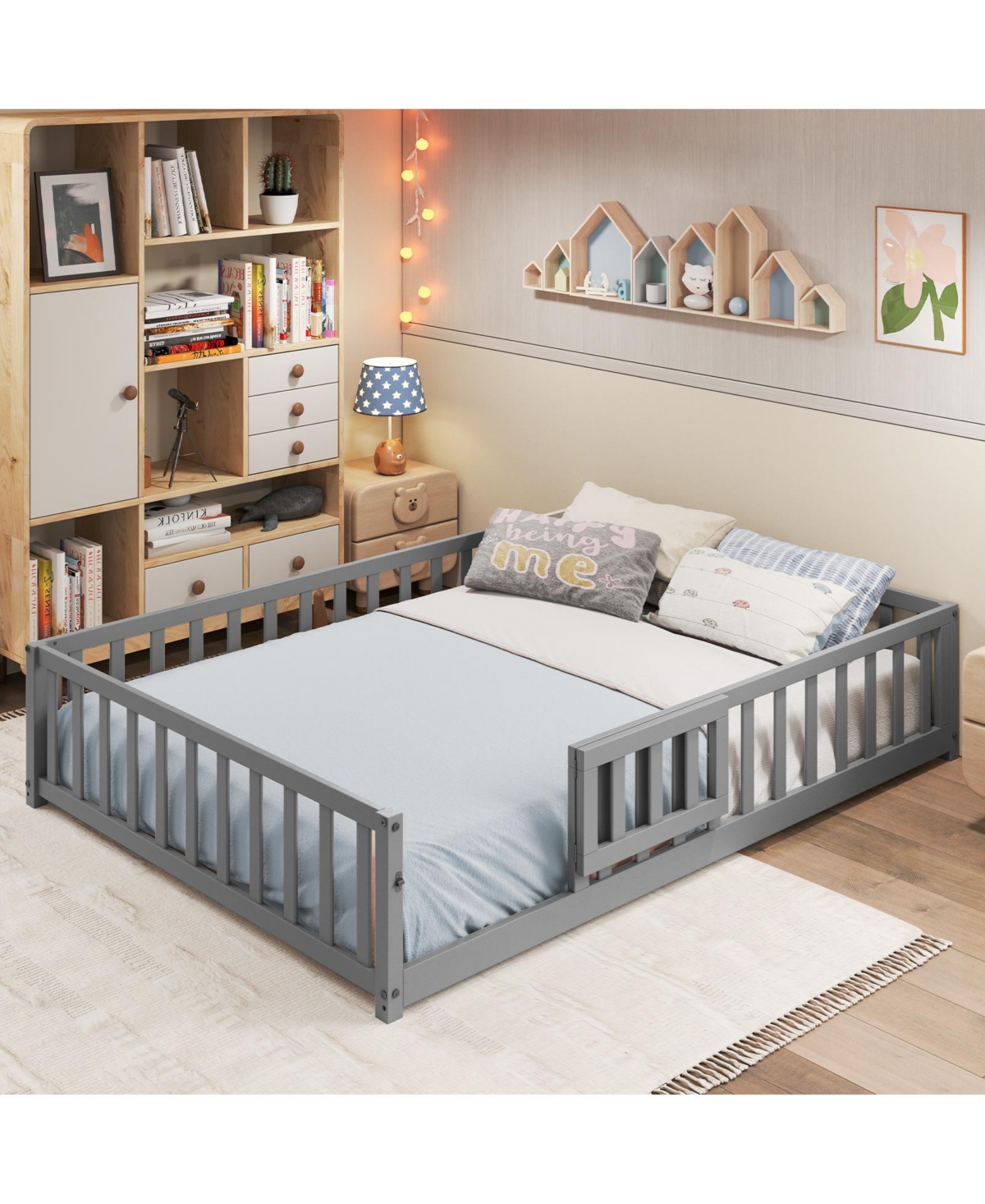 Montessori Bed Frame with Full-length Guardrails Safety Door and Latch