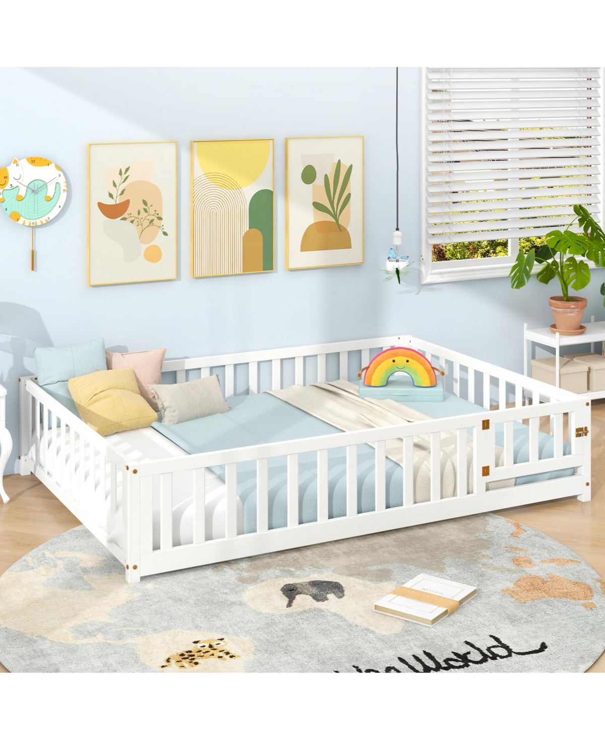 Montessori Bed Frame with Full-length Guardrails Safety Door and Latch