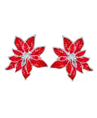 Large Statement Poinsettia Brooch Clip-On Earrings Set White Red Enamel Jewelry