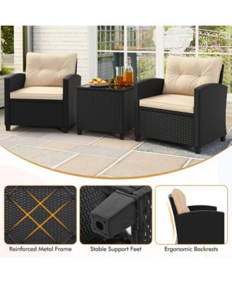 3 PCS Patio Furniture Set w/Tempered Glass Coffee Table Washable Cushions