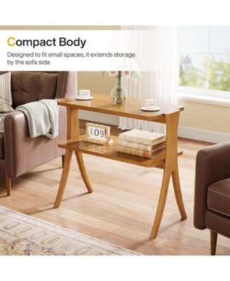 Narrow Side Table for Living Room, Farmhouse End Table with 2-Tier Storage Shelf and Solid Wood Legs