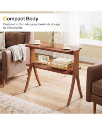 Narrow Side Table for Living Room, Farmhouse End Table with 2-Tier Storage Shelf and Solid Wood Legs