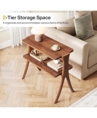 Narrow Side Table for Living Room, Farmhouse End Table with 2-Tier Storage Shelf and Solid Wood Legs