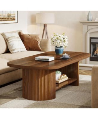 Oval Coffee Table, Mid-Century 2-Tier Coffee Table with Storage Shelf