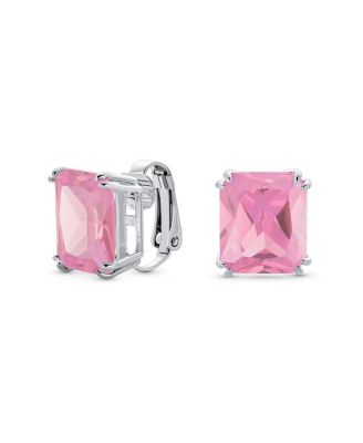 Rectangle Shape Statement Emerald Cut CZ Solitaire Clip On Stud Earrings Rhodium Plated Brass Non Pierced x