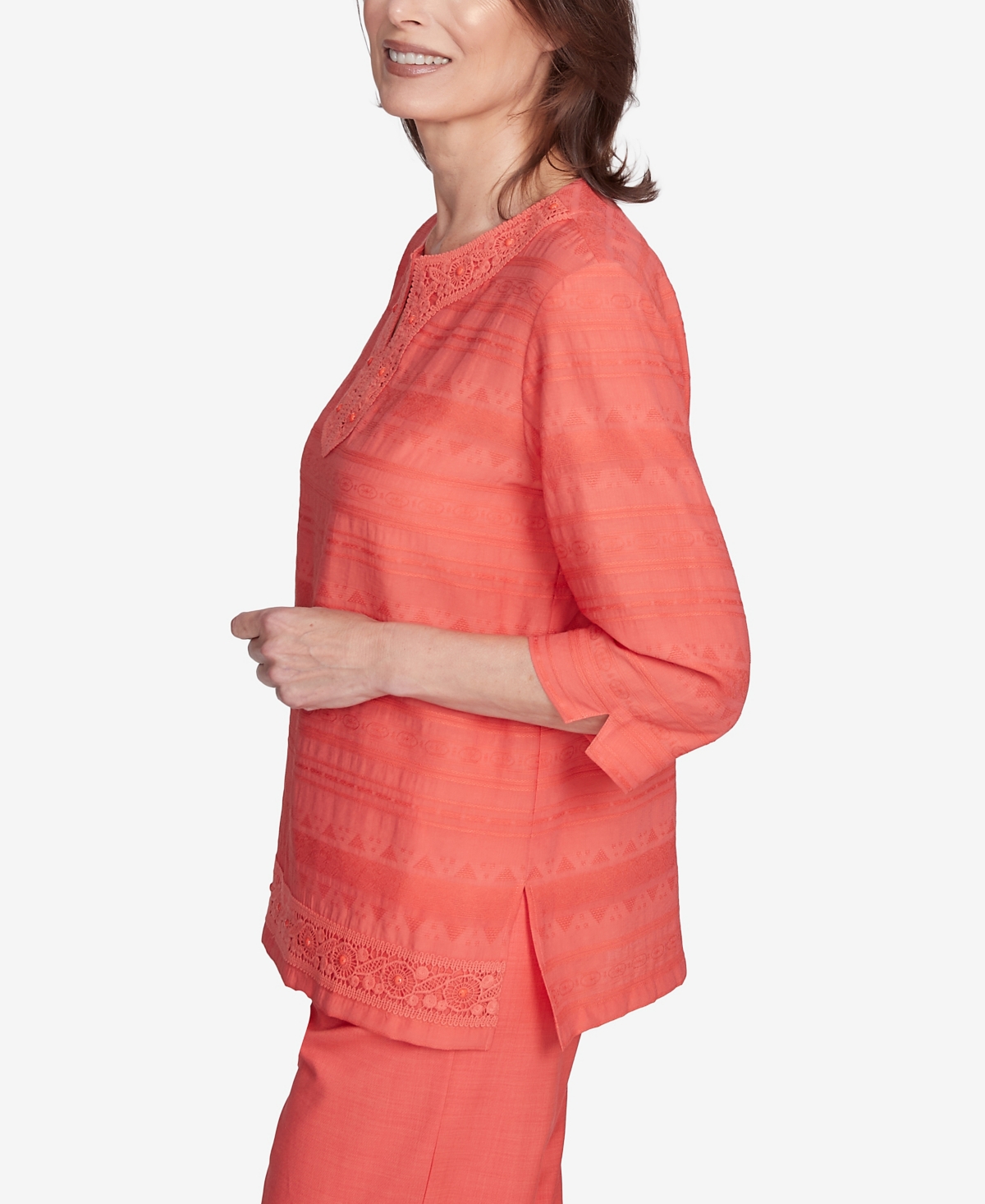 Alfred Dunner Plus Size Catalina Island Solid Textured Lace Trim Round Neck Top In Tangerine