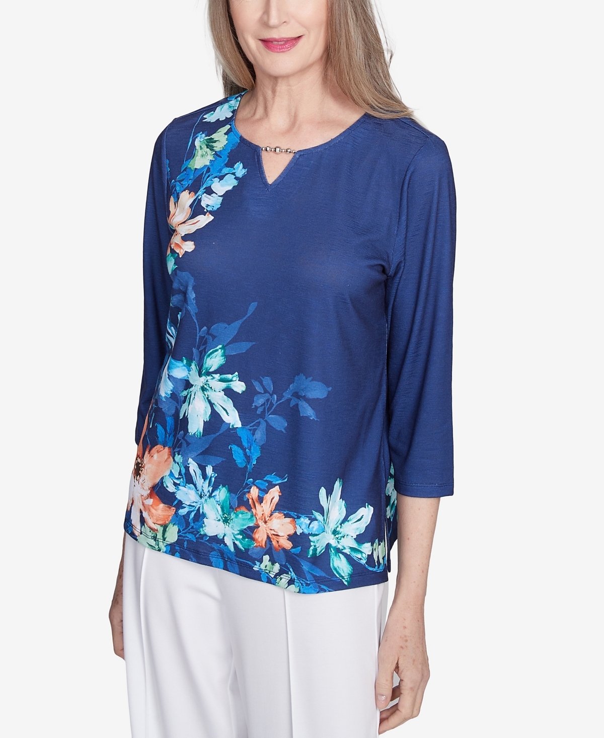 Alfred Dunner Plus Size Nantucket Asymmetric Floral Beaded Split Neck Top In Blue