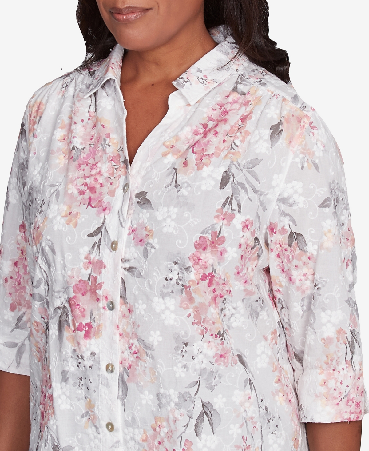 Alfred Dunner Petite Estate Of Mind Collared Button Front Hydrangea Top In Multi Pink