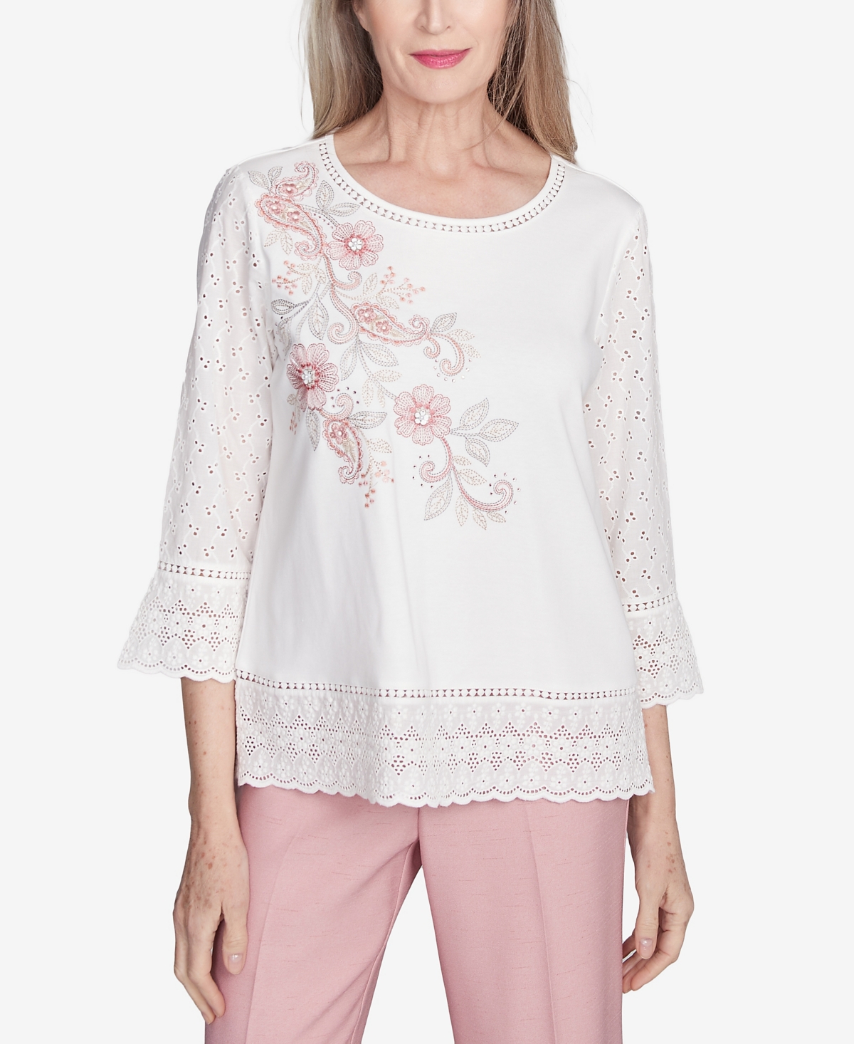Alfred Dunner Petite Estate Of Mind Embroidered Floral Eyelet Trim Top In Oyster