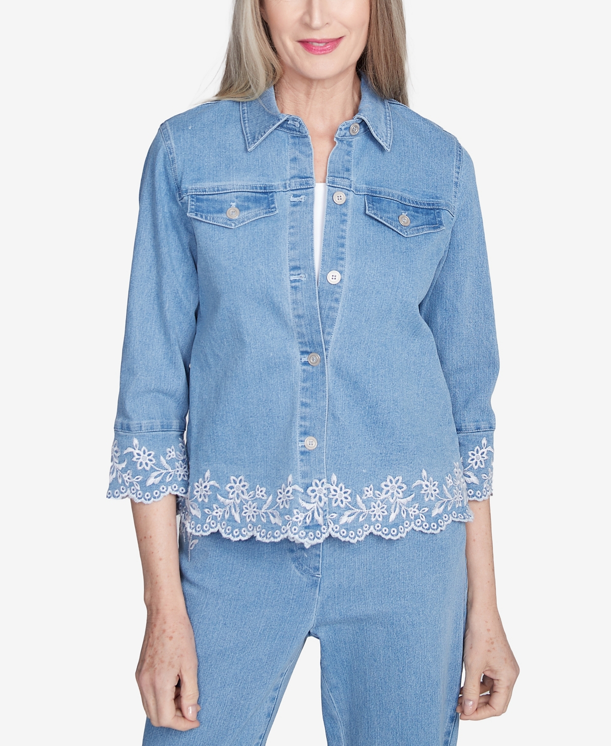Alfred Dunner Plus Size Flower Power Denim Floral Embroidered Jacket In Light Indigo