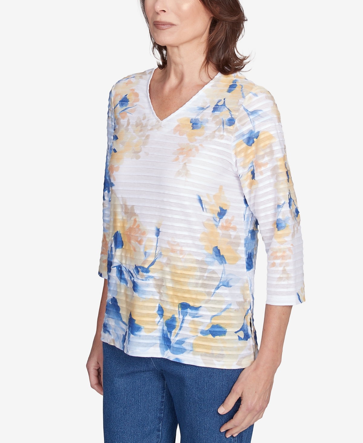 Alfred Dunner Plus Size Flower Power Floral Textured V Neck Top In Multi Blue