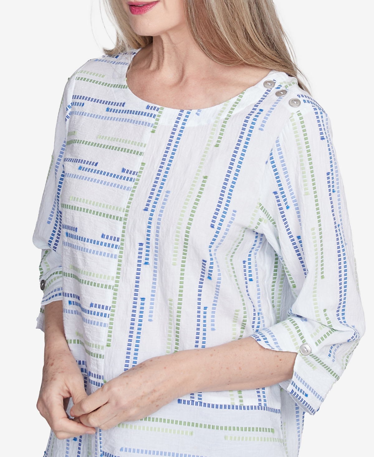Alfred Dunner Plus Size Parrot Cay Spliced Textured Jacquard Crew Neck Top In Cobalt Multi