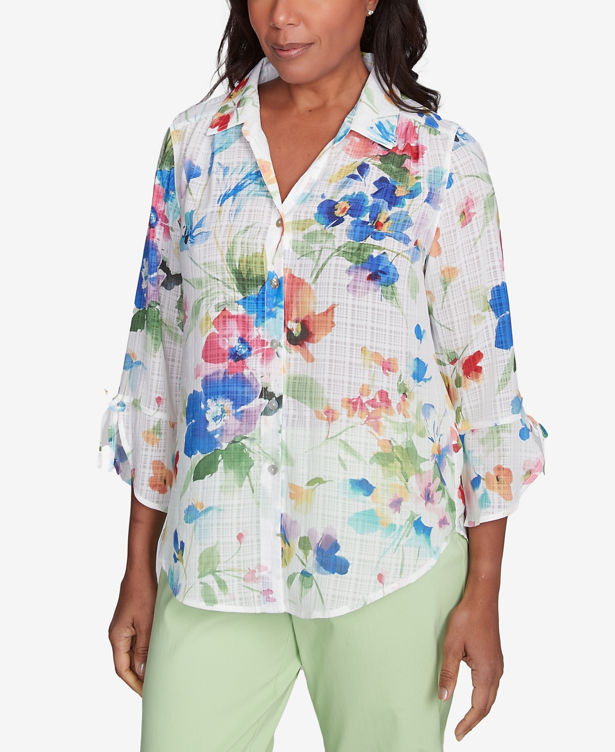 Alfred Dunner Petite Parrot Cay Abstract Watercolor Button Down Collared Neckline Top In Cobalt Multi