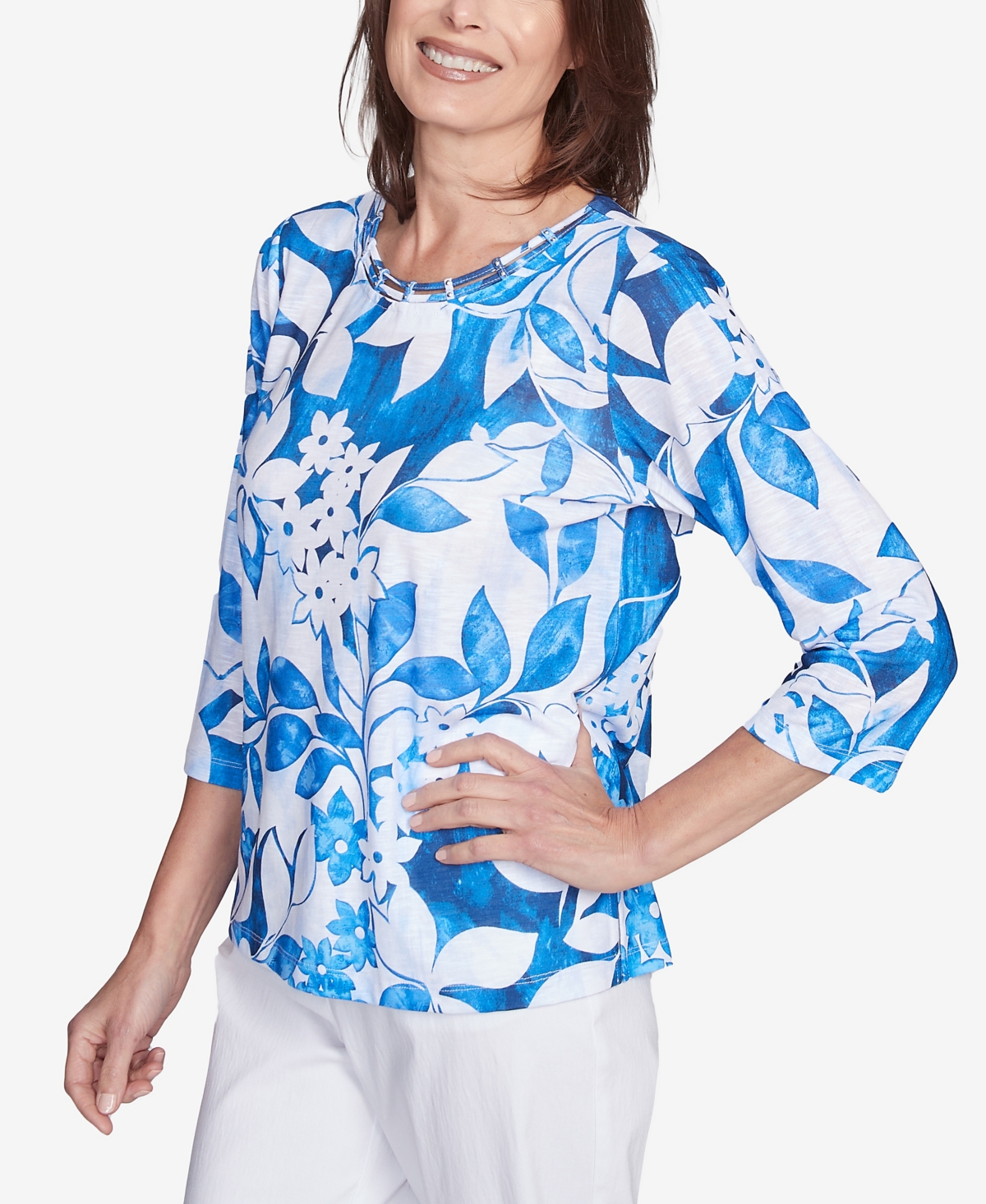 Alfred Dunner Plus Size Parrot Cay Monotone Cobalt Floral Top In Cobalt Blue