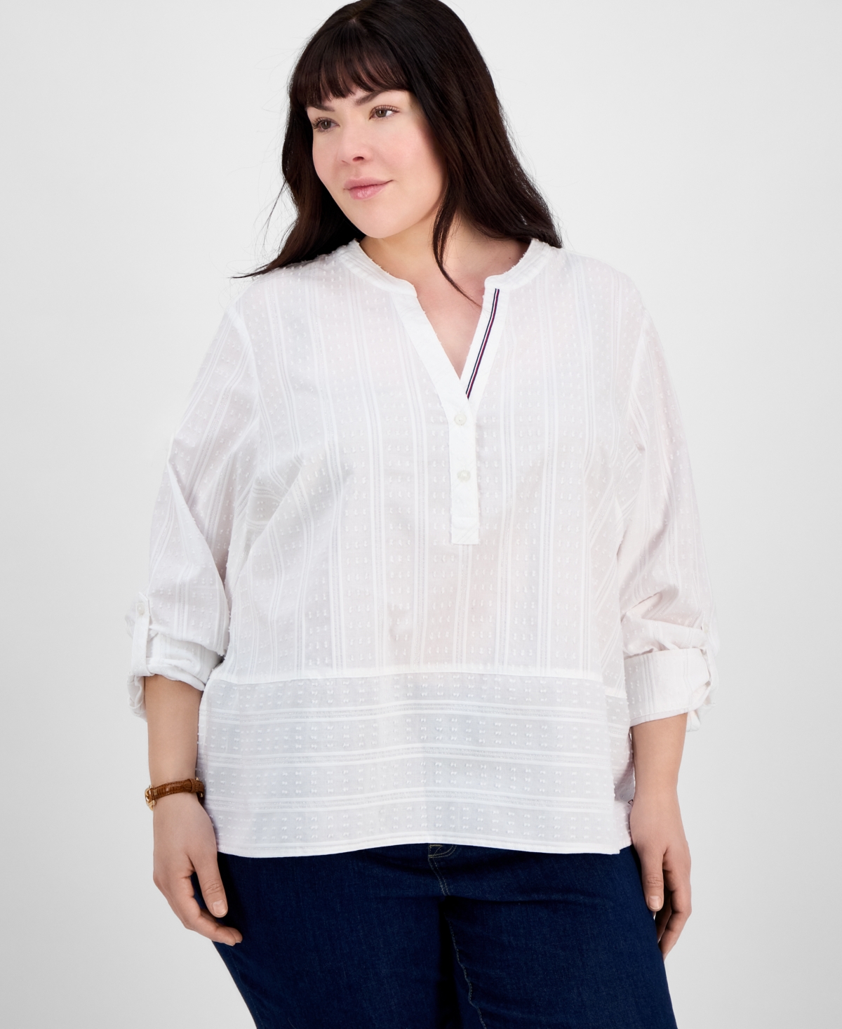 Tommy Hilfiger Plus Size Cotton Metallic Clip-dot Popover Tunic, Exclusively At Macy's In Bright White