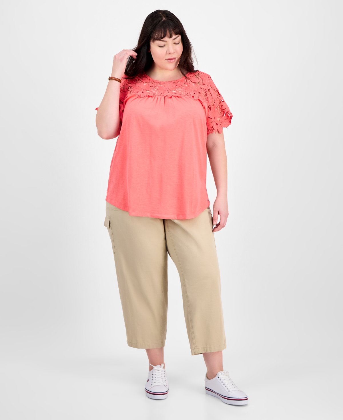 Tommy Hilfiger Plus Size Lace Yoke Short-sleeve Top In Sherbert
