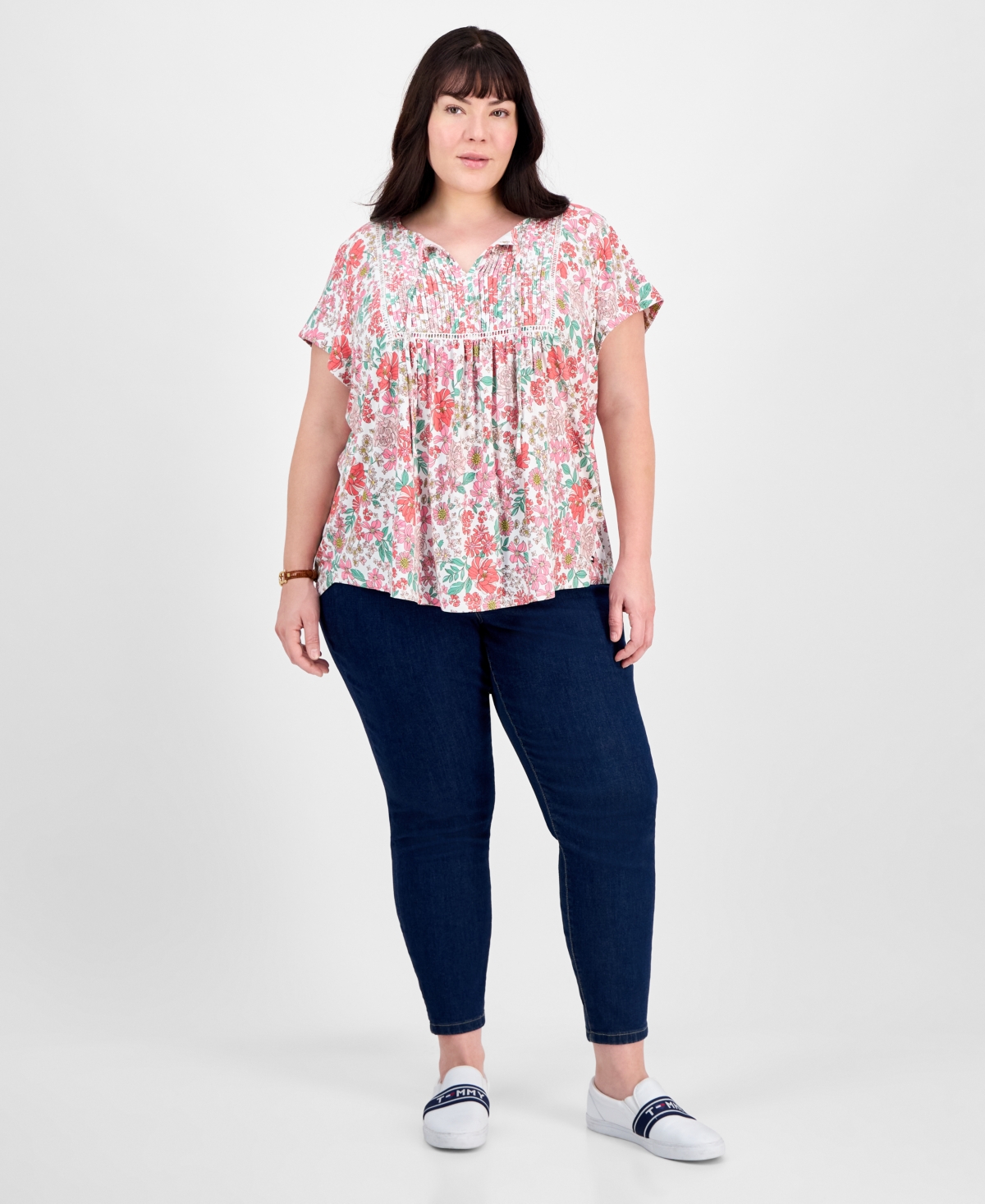 Tommy Hilfiger Plus Size Floral-print Pintucked Top, Exclusively At Macy's In Ivory Multi