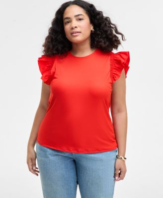 On 34th - Trendy Plus Size Crewneck Flutter-Sleeve Top