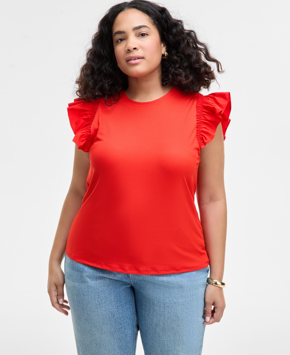 On 34th Women's Ruffle-sleeve Knit Top, Created For Macy's In Fiery Red