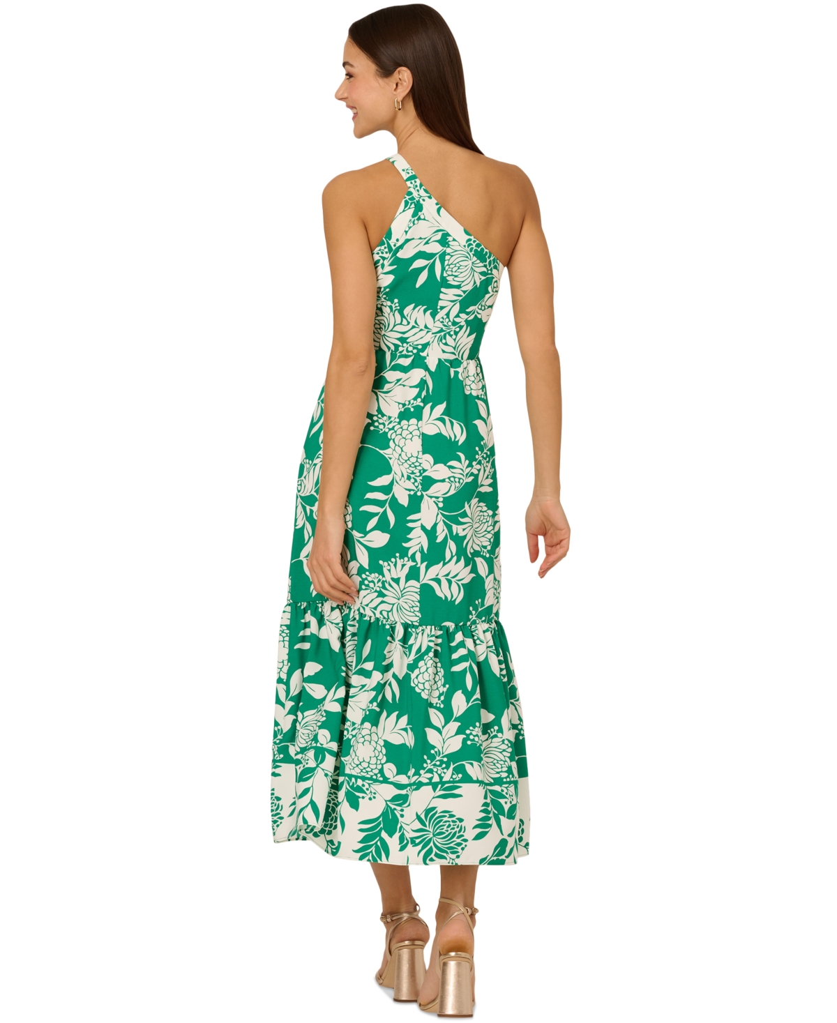 Adrianna By Adrianna Papell L Women's Printed One-shoulder Midi Dress In Green