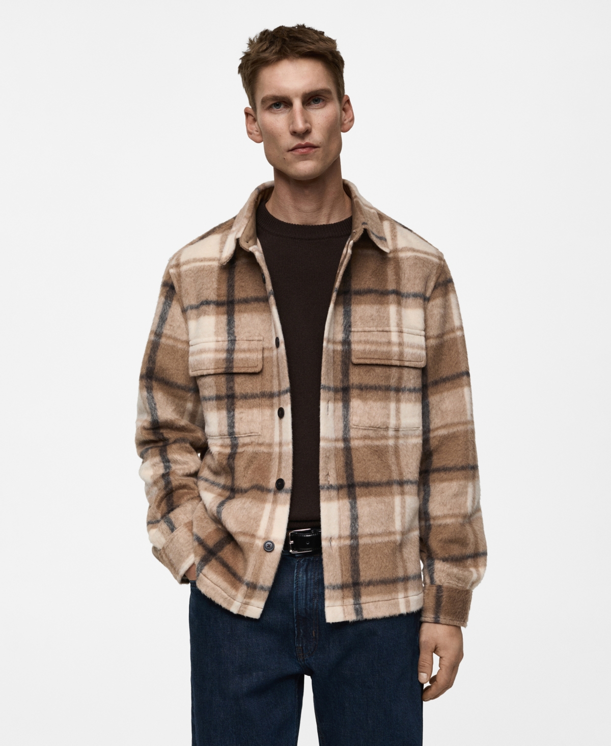 Mango Textured Check Flannel Overshirt In Beige