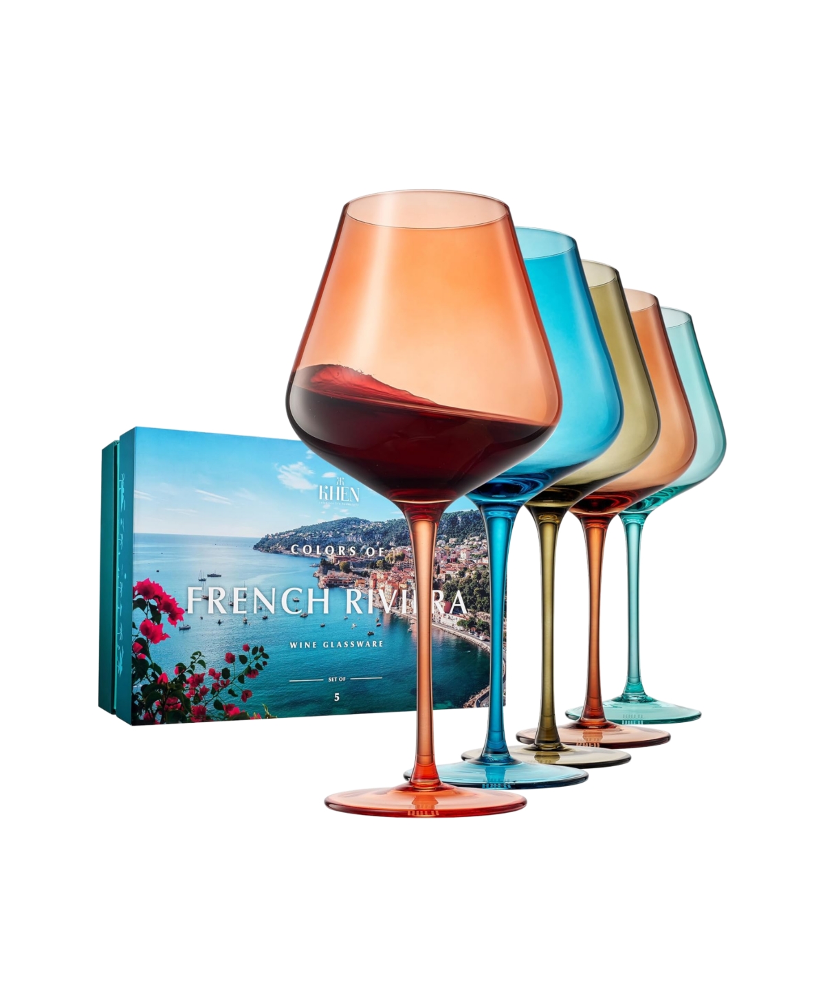 The Wine Savant Colors Of French Riviera Coastline Wine Glasses, Set Of 5 In Multicolor