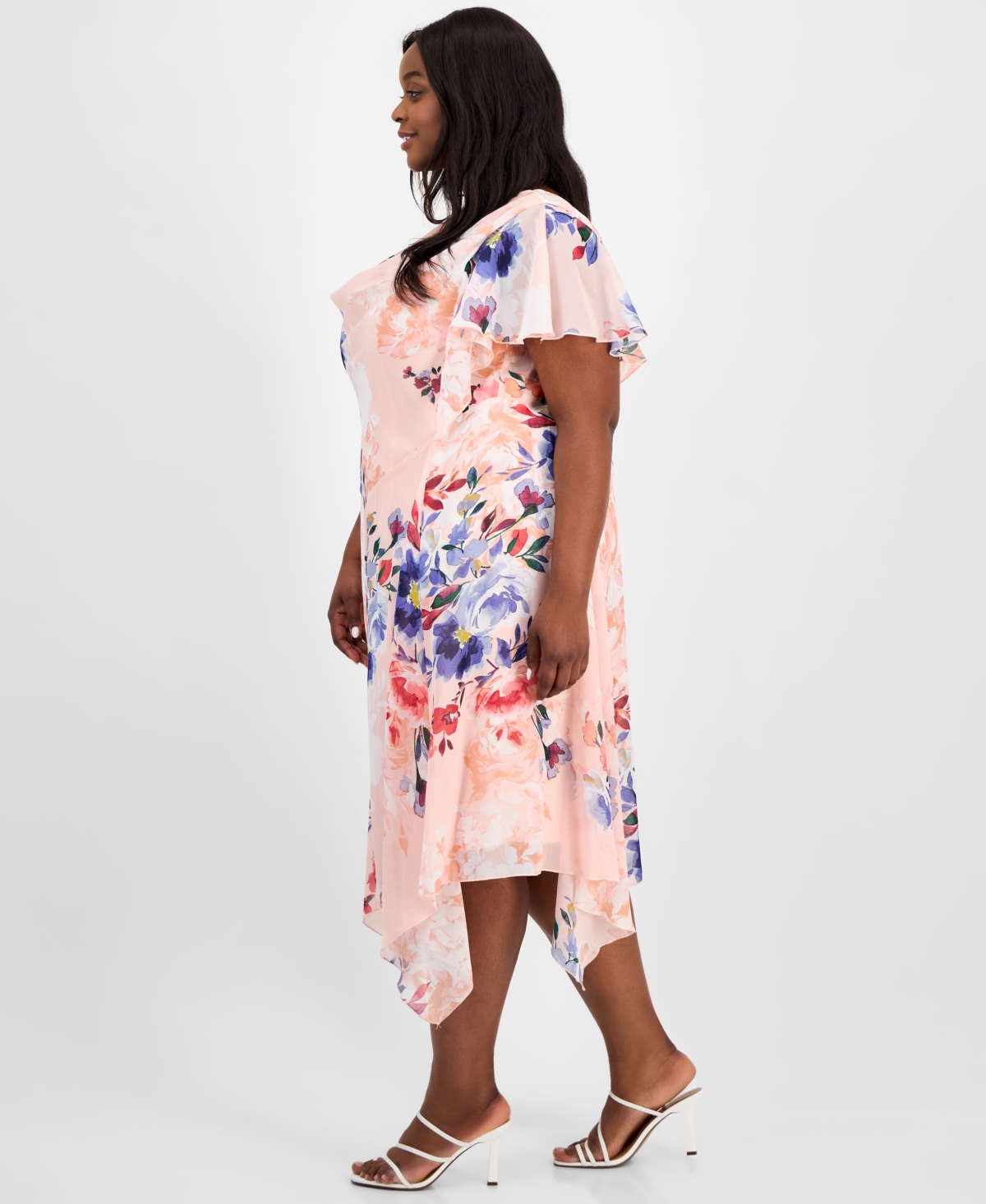 ROBBIE BEE PLUS SIZE PRINTED COWL-NECK FLUTTER-SLEEVE DRESS 