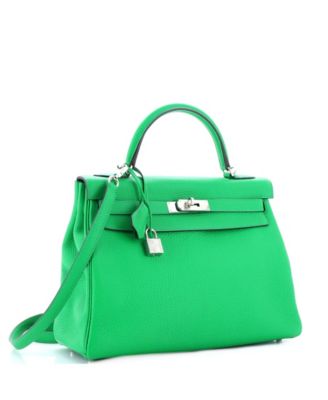 Kelly 32 Handbag Green Clemence with Palladium Hardware