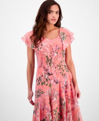 Petite Floral Flutter-Sleeve Midi Dress
