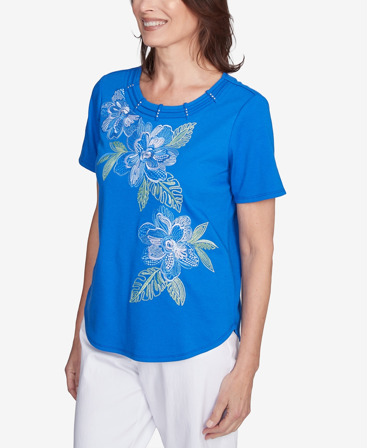 Alfred Dunner Plus Size Parrot Cay Tropical Floral Embroidered T-shirt In Cobalt Blue