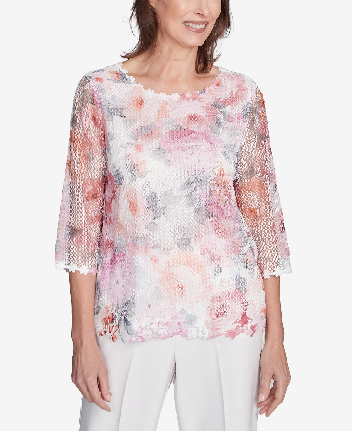 Alfred Dunner Women's Estate Of Mind Floral Mesh Watercolor Top In Multi Pink
