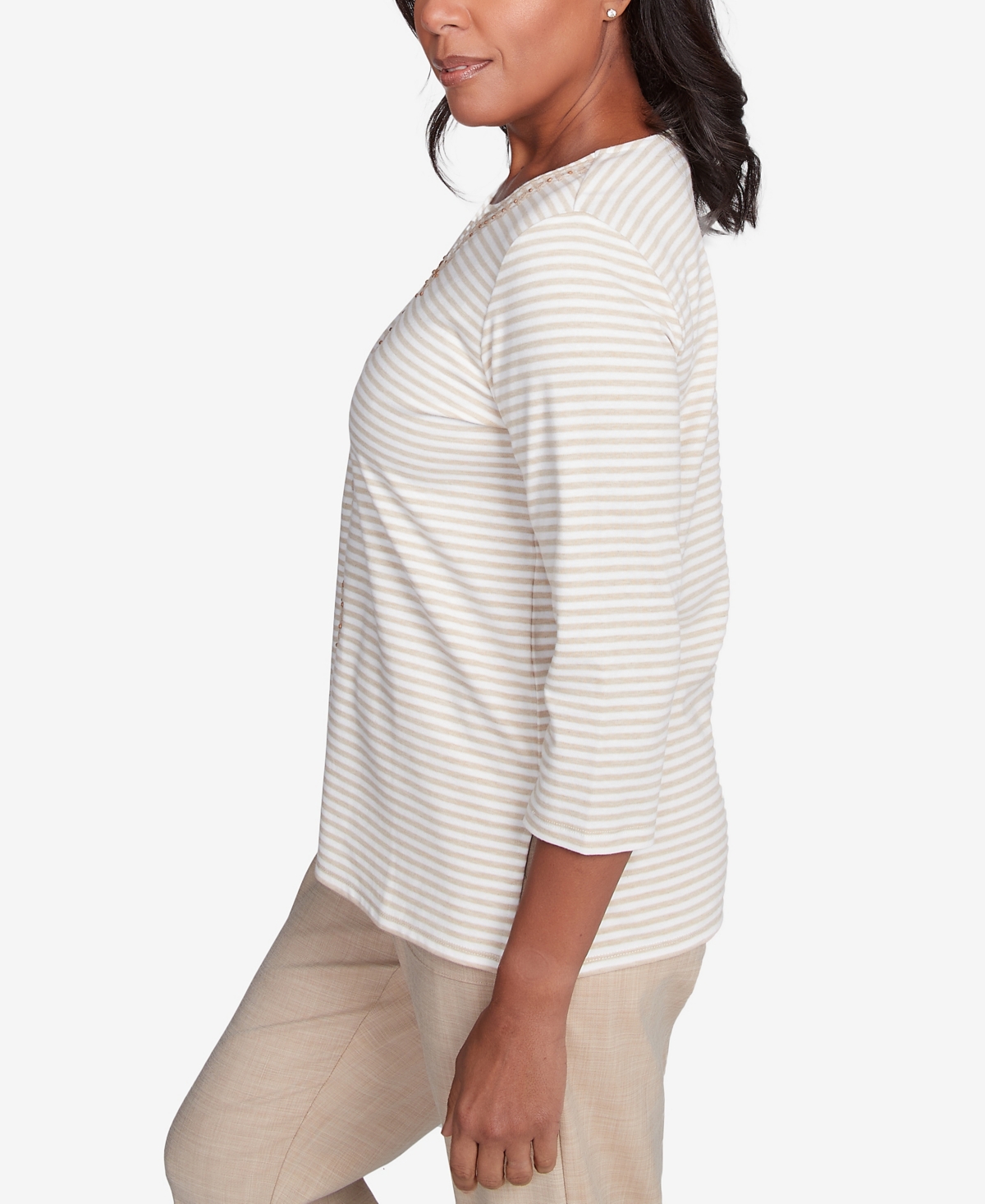 Alfred Dunner Women's Catalina Island Bold Medallion Stripe Top In Linen