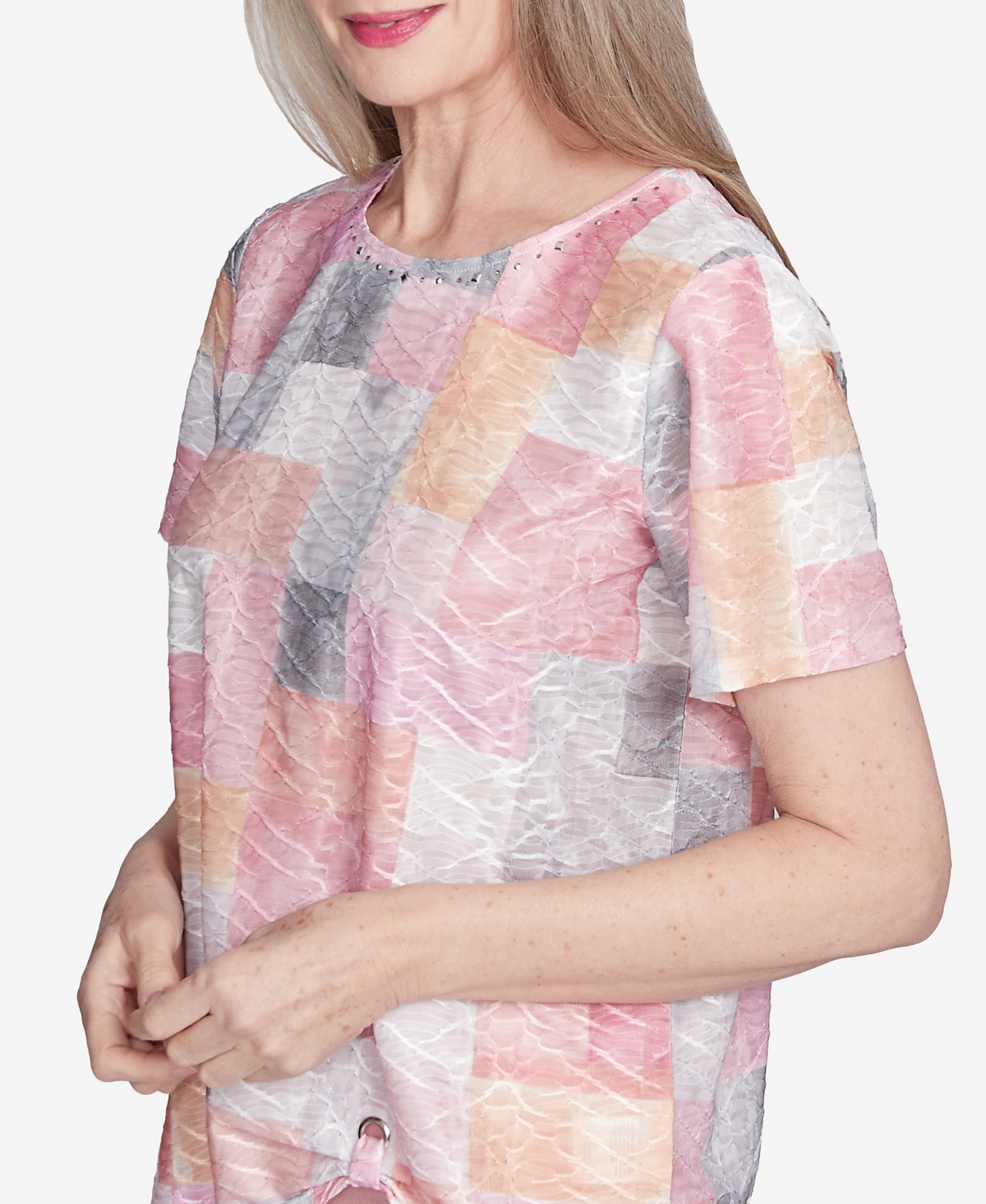 Alfred Dunner Women's Estate Of Mind Textured Colorblock Crew Neck Top In Multi Pink