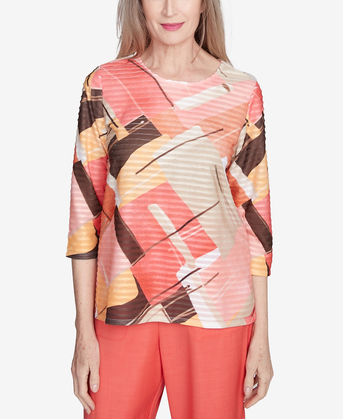 Alfred Dunner Plus Size Catalina Island Colorful Patchwork Crew Neck Top In Tangerine Multi
