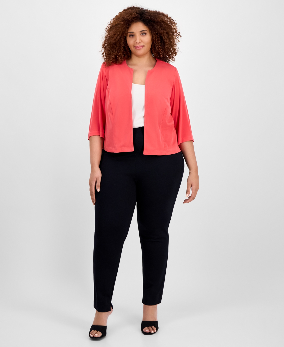 Sandra Darren Plus Size Round-neck Open-front Cardigan In Navy Coral
